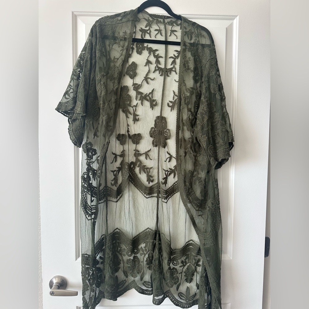Sheer Olive Green Kimono with Floral Embroidery